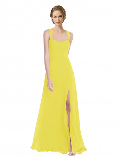 Online Amarillo línea A Tirantes espagueti Gasa Largo Vestidos de dama de honor