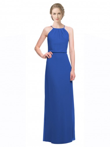 Online Azul 135 línea A Tirantes espagueti Gasa Largo Vestidos de dama de honor