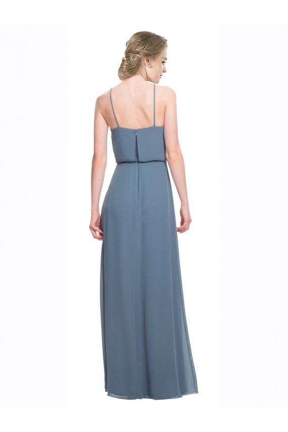 Online Azul 135 línea A Tirantes espagueti Gasa Largo Vestidos de dama de honor