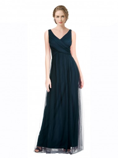 Online Azul 7 línea A Cuello en V Tul Largo Vestidos de dama de honor