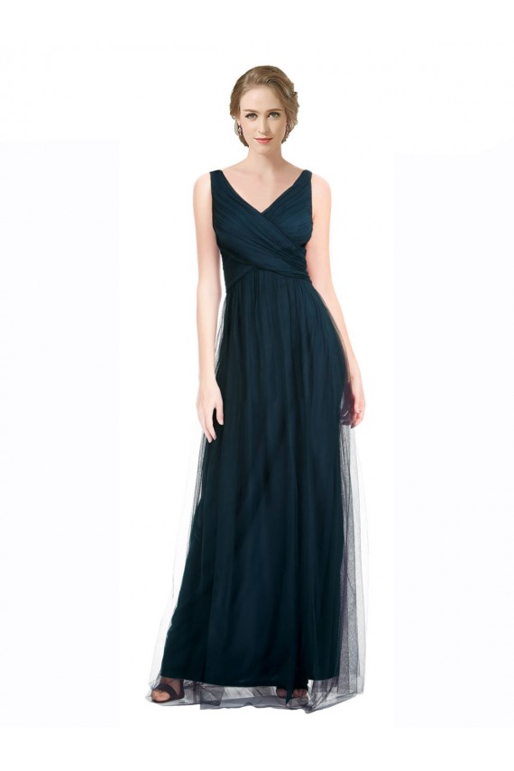 Online Azul 7 línea A Cuello en V Tul Largo Vestidos de dama de honor