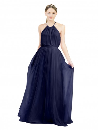 Online Azul Marino 21 línea A Halter Cuello Alto Tul Largo Vestidos de dama de honor