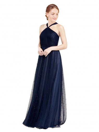 Online Azul Marino 21 línea A Halter Tul Largo Vestidos de dama de honor