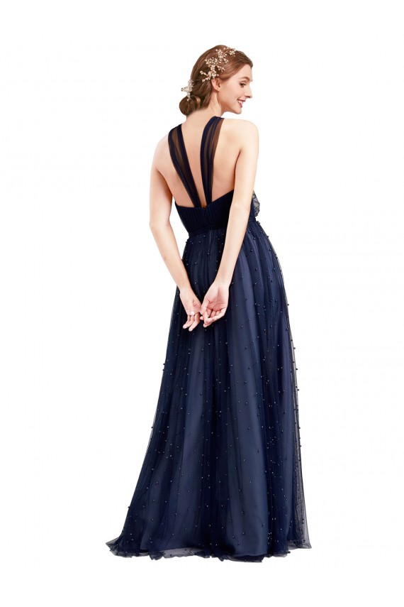 Online Azul Marino 21 línea A Halter Tul Largo Vestidos de dama de honor