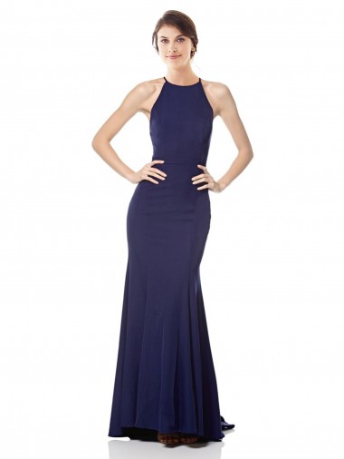 Online Azul Marino Sirena Halter Cuello Alto Crepé Elástico Largo Formales Vestidos de dama de honor / Vestidos de fiesta
