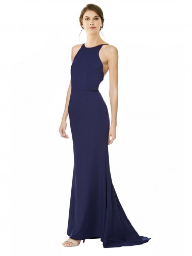 Online Azul Marino Sirena Halter Cuello Alto Crepé Elástico Largo Formales Vestidos de dama de honor / Vestidos de fiesta