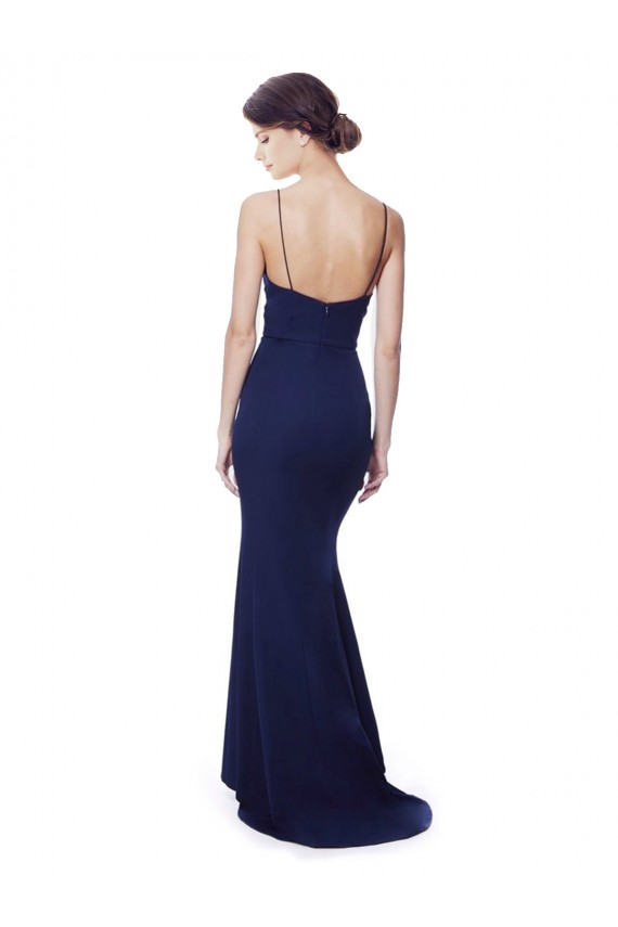 Online Azul Marino Sirena Tirantes espagueti Cuello en V Cuello Alto Crepé Elástico Largo Formales Vestidos de dama de honor / Vestidos de fiesta