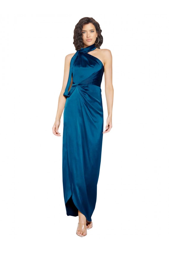 Online Azul Verde pavo real Cubierta Halter Cuello Alto Satén sedoso Largo Formales Vestidos de dama de honor / Vestidos de fiesta