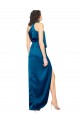 Online Azul Verde pavo real Cubierta Halter Cuello Alto Satén sedoso Largo Formales Vestidos de dama de honor / Vestidos de fiesta