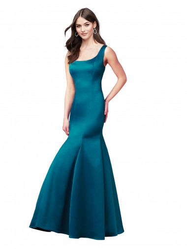 Online Azul Verde pavo real Sirena Barco Satén Largo Vestidos de dama de honor / Vestidos de fiesta