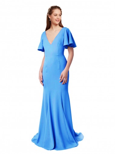Online Azul Verde pavo real Sirena Cuello en V Barrer tren Crepé Elástico Largo Vestidos de dama de honor / Vestidos de fiesta