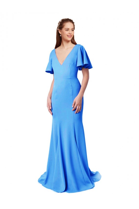 Online Azul Verde pavo real Sirena Cuello en V Barrer tren Crepé Elástico Largo Vestidos de dama de honor / Vestidos de fiesta