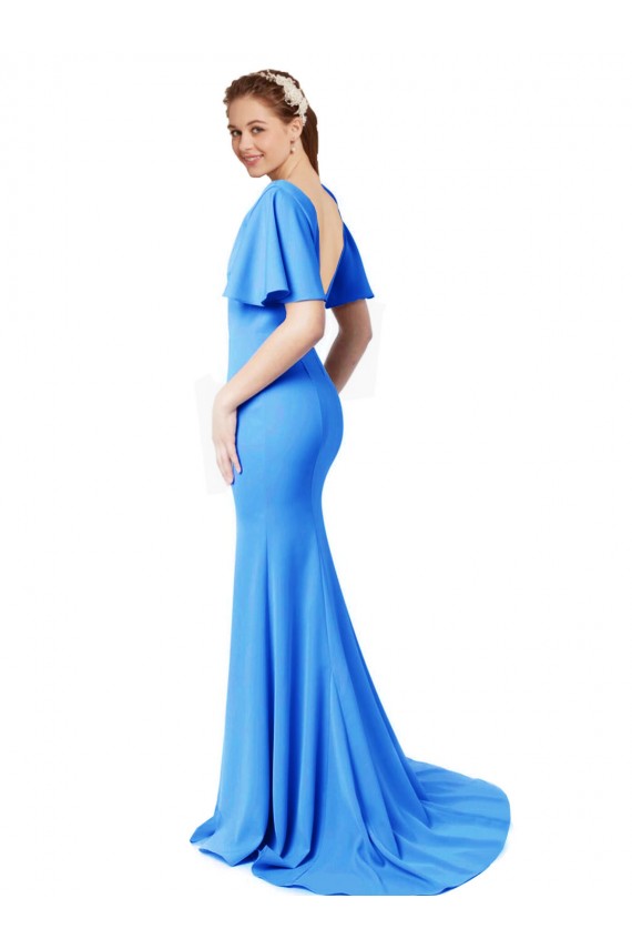 Online Azul Verde pavo real Sirena Cuello en V Barrer tren Crepé Elástico Largo Vestidos de dama de honor / Vestidos de fiesta