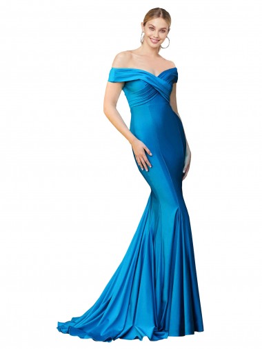 Online Azul Verde pavo real Sirena Hombros Descubiertos Satén Largo Formales Vestidos de dama de honor / Vestidos de fiesta