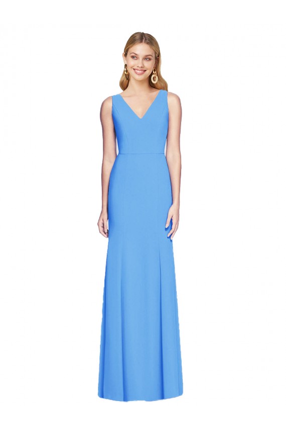 Online Azul Verde pavo real Trompeta Cuello en V Crepé Elástico Largo Vestidos de dama de honor / Vestidos de fiesta