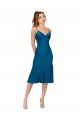 Online Azul Verde pavo real línea A Cuello en V Midi Satén sedoso Corto Vestidos de dama de honor / Vestidos de fiesta / Vestidos de cóctel