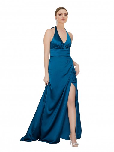 Online Azul Verde pavo real línea A Halter Satén sedoso Largo Formales Vestidos de dama de honor / Vestidos de fiesta