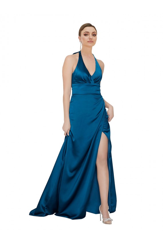 Online Azul Verde pavo real línea A Halter Satén sedoso Largo Formales Vestidos de dama de honor / Vestidos de fiesta