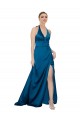 Online Azul Verde pavo real línea A Halter Satén sedoso Largo Formales Vestidos de dama de honor / Vestidos de fiesta