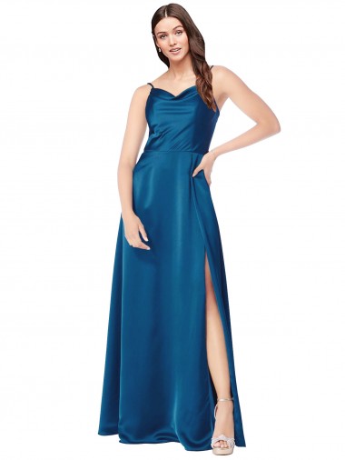 Online Azul Verde pavo real línea A Tirantes espagueti Satén sedoso Largo Formales Vestidos de dama de honor / Vestidos de fiesta