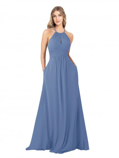 Online Azul Windsor línea A Cuello Alto Gasa Largo Vestidos de dama de honor