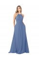 Online Azul Windsor línea A Cuello Alto Gasa Largo Vestidos de dama de honor