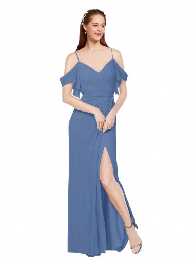 Online Azul Windsor línea A Hombros Descubiertos Gasa Largo Vestidos de dama de honor
