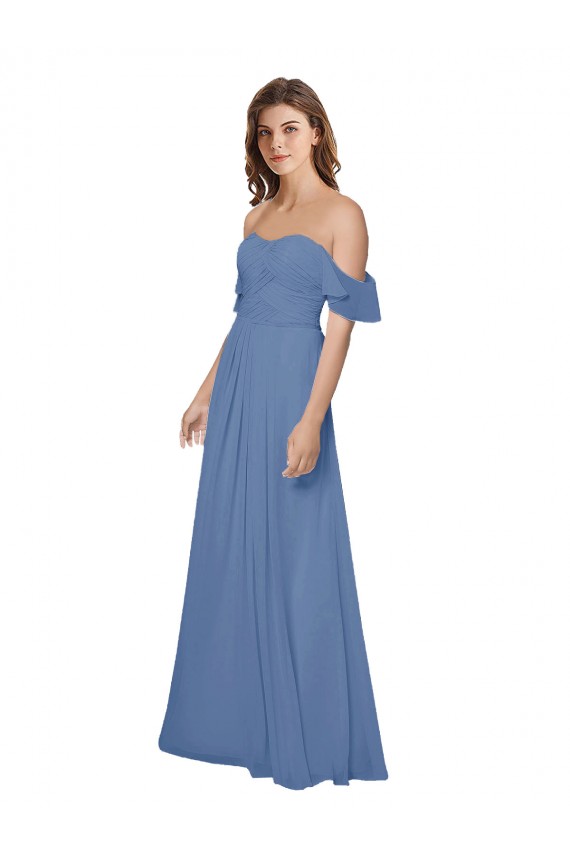 Online Azul Windsor línea A Hombros Descubiertos Sin tirantes Gasa Largo Vestidos de dama de honor