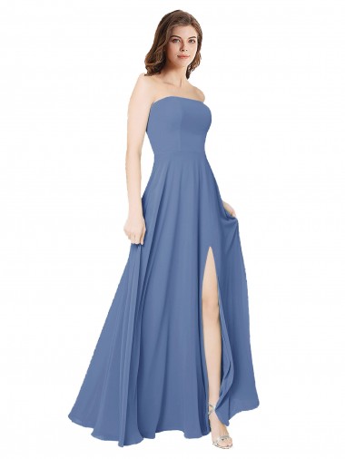 Online Azul Windsor línea A Sin tirantes Gasa Largo Vestidos de dama de honor