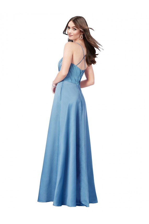 Online Azul cielo Cubierta Tirantes espagueti Cuadrado Satén Largo Formales Vestidos de dama de honor / Vestidos de fiesta