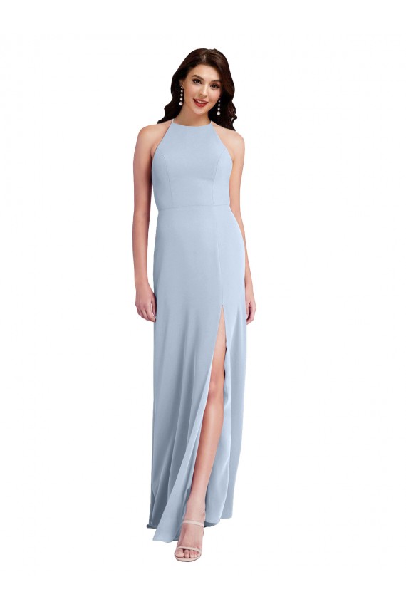 Online Azul cielo claro Cubierta Halter Cuello Alto Crepé Elástico Largo Formales Vestidos de dama de honor / Vestidos de fiesta