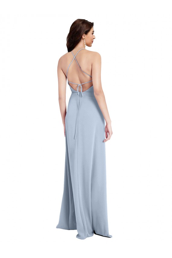 Online Azul cielo claro Cubierta Halter Cuello Alto Crepé Elástico Largo Formales Vestidos de dama de honor / Vestidos de fiesta