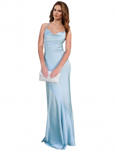 Online Azul cielo claro Cubierta Satén sedoso Largo Formales Vestidos de dama de honor / Vestidos de fiesta