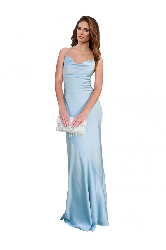 Online Azul cielo claro Cubierta Satén sedoso Largo Formales Vestidos de dama de honor / Vestidos de fiesta
