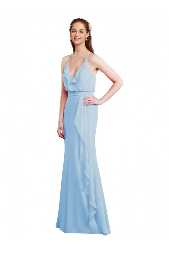 Online Azul cielo claro Sirena Tirantes espagueti Cuello en V Gasa Largo Vestidos de dama de honor