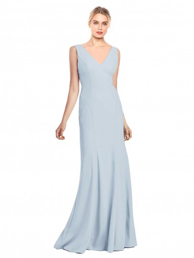 Online Azul cielo claro Trompeta Cuello en V Crepé Elástico Largo Vestidos de dama de honor / Vestidos de fiesta