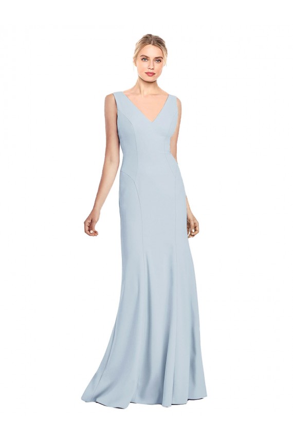 Online Azul cielo claro Trompeta Cuello en V Crepé Elástico Largo Vestidos de dama de honor / Vestidos de fiesta