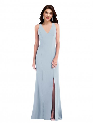 Online Azul cielo claro Trompeta Cuello en V Crepé Elástico Largo Vestidos de dama de honor / Vestidos de fiesta