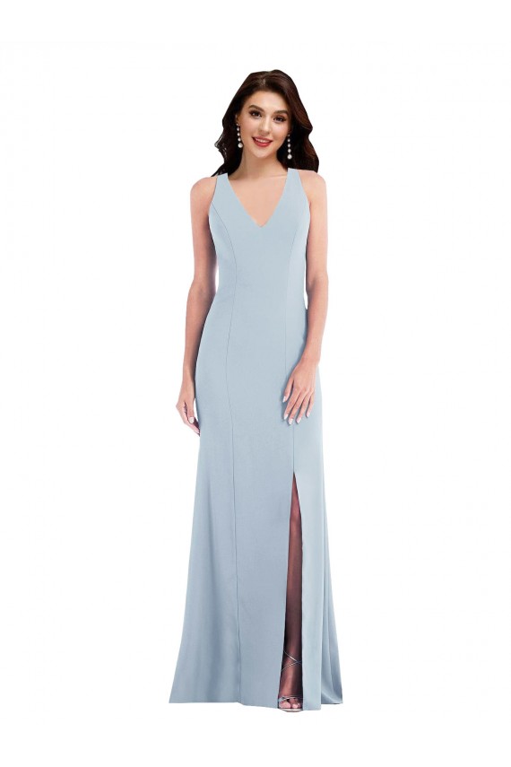 Online Azul cielo claro Trompeta Cuello en V Crepé Elástico Largo Vestidos de dama de honor / Vestidos de fiesta