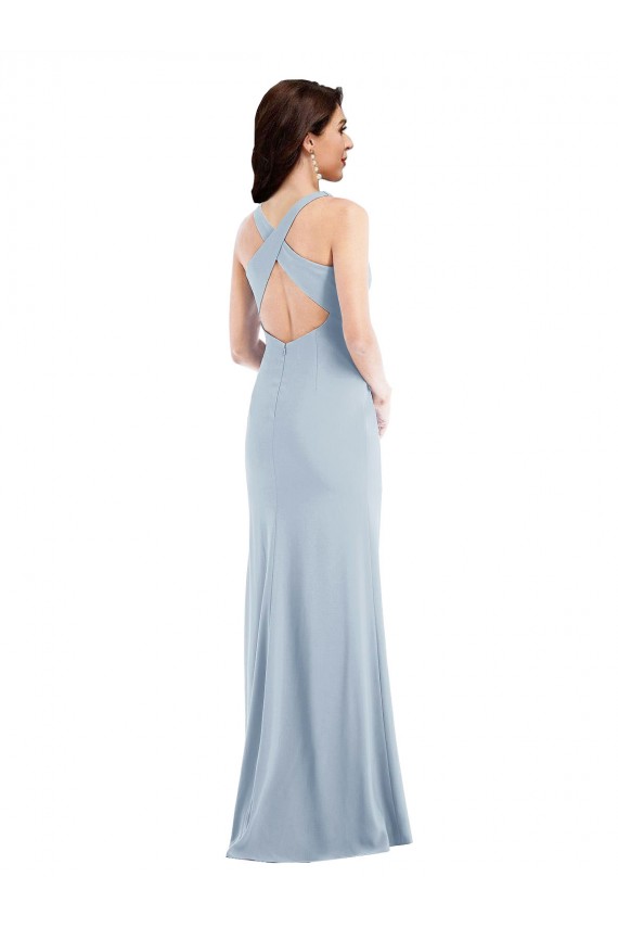 Online Azul cielo claro Trompeta Cuello en V Crepé Elástico Largo Vestidos de dama de honor / Vestidos de fiesta