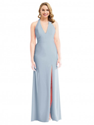 Online Azul cielo claro Trompeta Halter Crepé Elástico Largo Vestidos de dama de honor / Vestidos de fiesta