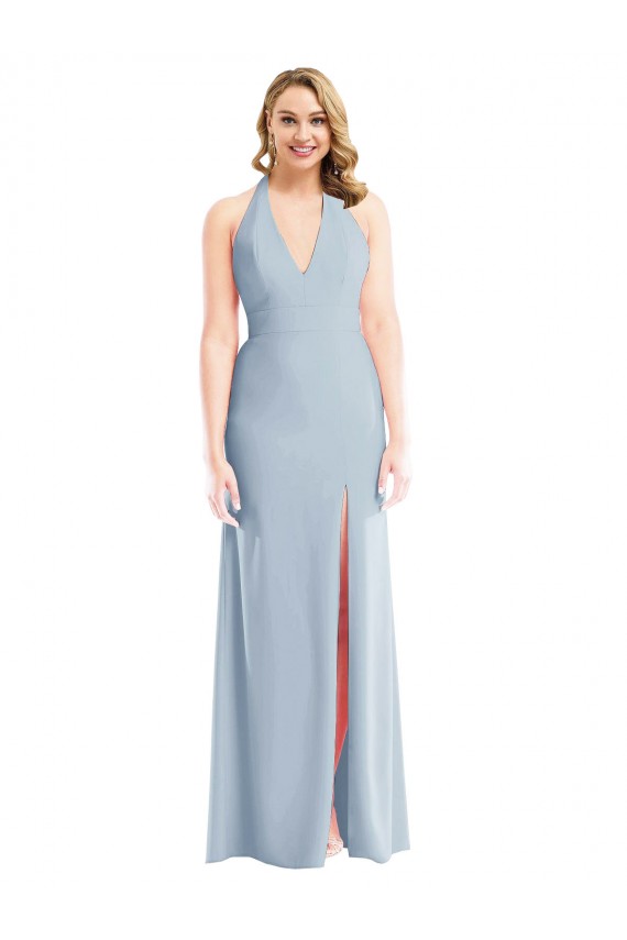 Online Azul cielo claro Trompeta Halter Crepé Elástico Largo Vestidos de dama de honor / Vestidos de fiesta