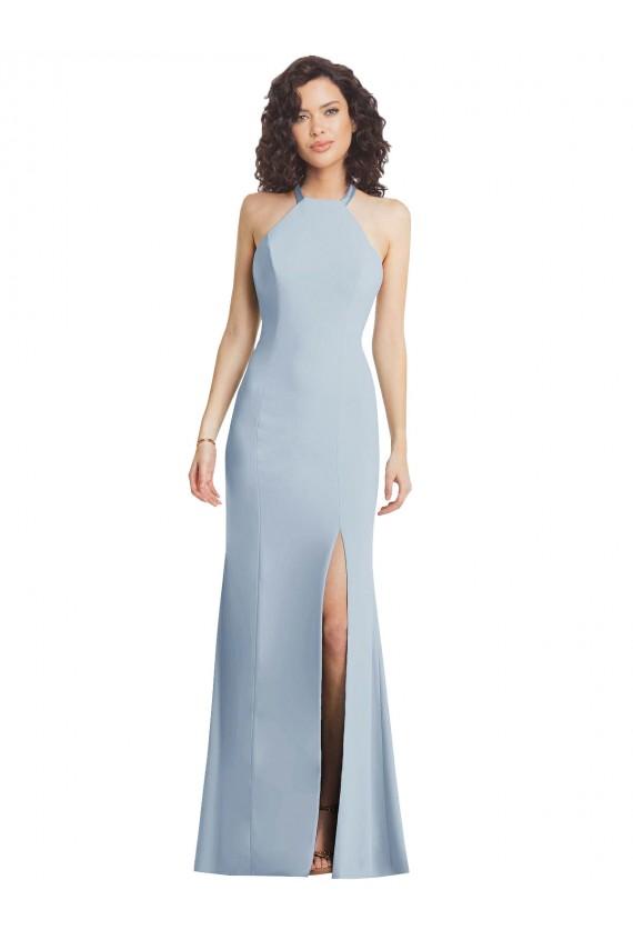 Online Azul cielo claro Trompeta Halter Cuello Alto Crepé Elástico Largo Formales Vestidos de dama de honor / Vestidos de fiesta