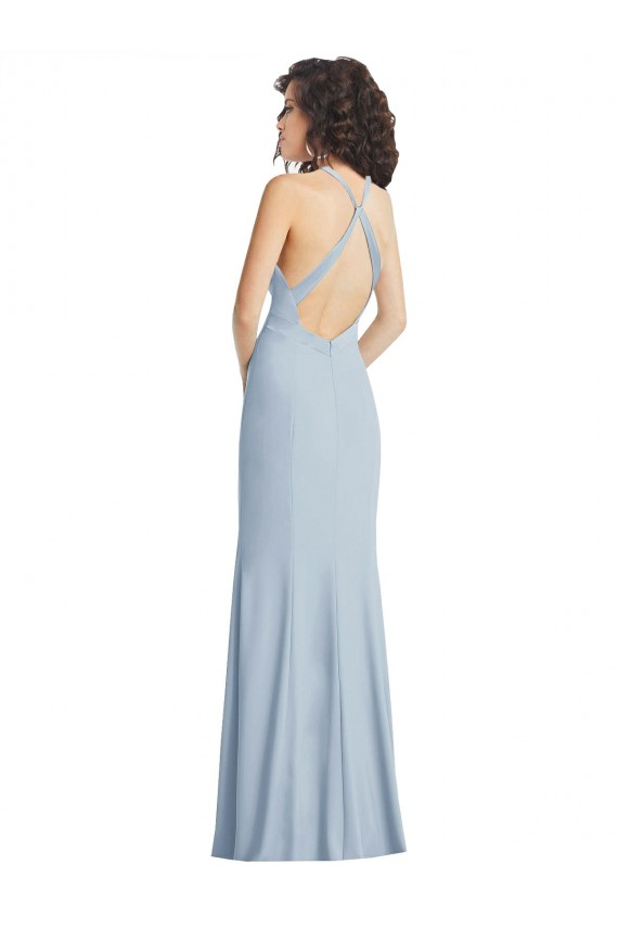 Online Azul cielo claro Trompeta Halter Cuello Alto Crepé Elástico Largo Formales Vestidos de dama de honor / Vestidos de fiesta