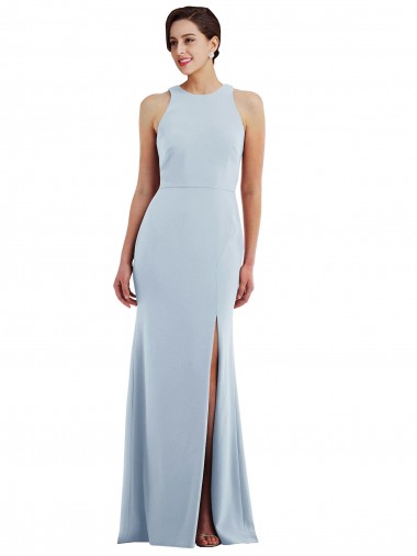 Online Azul cielo claro Trompeta Halter Cuello joya Crepé Elástico Largo Formales Vestidos de dama de honor / Vestidos de fiesta
