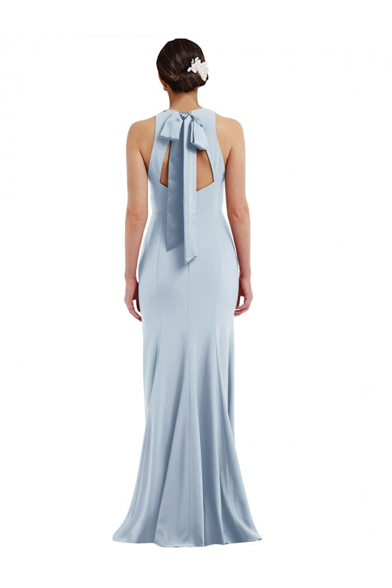 Online Azul cielo claro Trompeta Halter Cuello joya Crepé Elástico Largo Formales Vestidos de dama de honor / Vestidos de fiesta