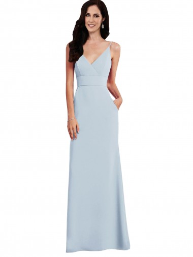 Online Azul cielo claro Trompeta Tirantes espagueti Cuello en V Crepé Elástico Largo Vestidos de dama de honor / Vestidos de fiesta