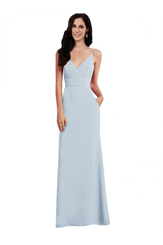 Online Azul cielo claro Trompeta Tirantes espagueti Cuello en V Crepé Elástico Largo Vestidos de dama de honor / Vestidos de fiesta