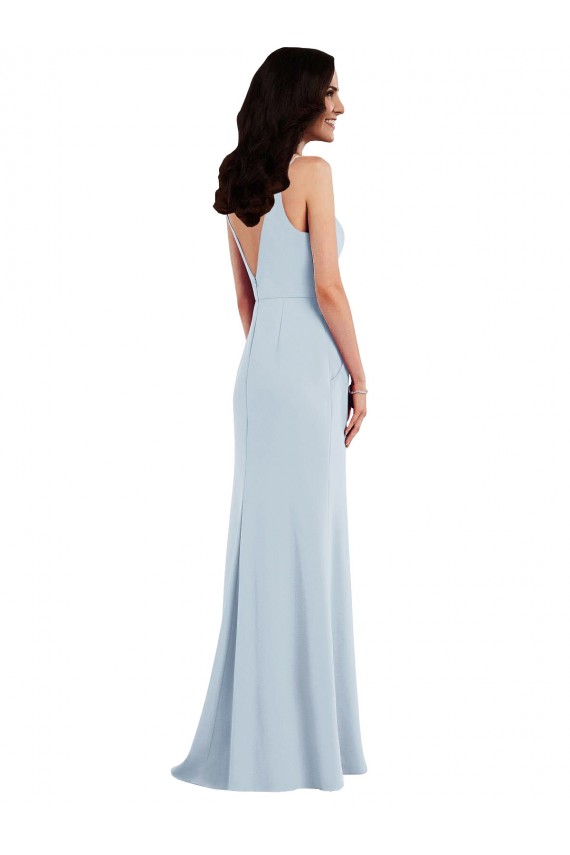 Online Azul cielo claro Trompeta Tirantes espagueti Cuello en V Crepé Elástico Largo Vestidos de dama de honor / Vestidos de fiesta