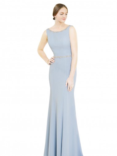 Online Azul cielo claro línea A Cuello Barco Cuello Alto Gasa Largo Vestidos de dama de honor